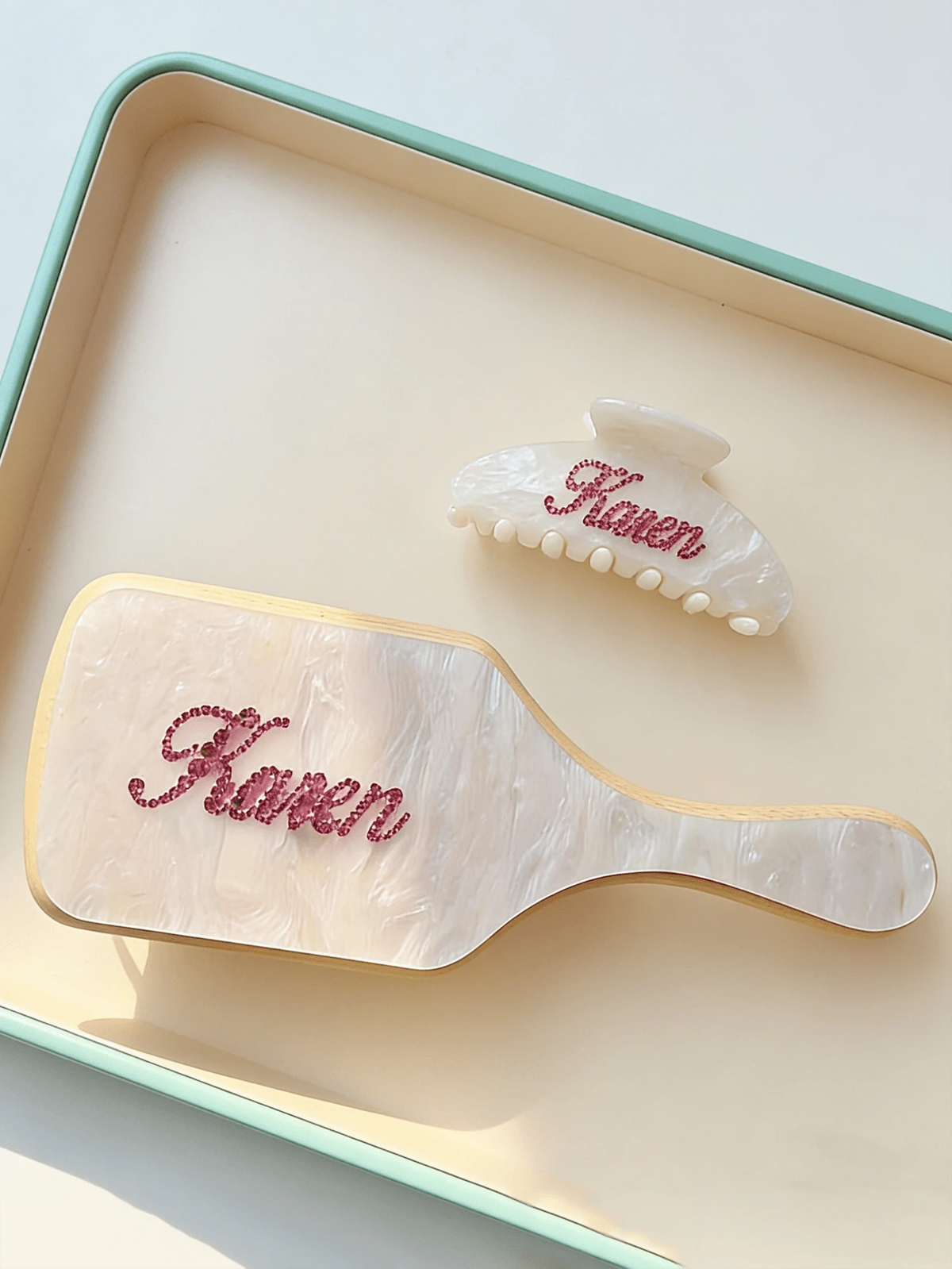 2pcs/Set Rhinestone Set, Personalized Name Claw Clip, Women's Acrylic Glitter Customized Marble Pattern Hair Comb & Clip Set, Bridal Party Bridesmaid Gift, Valentine's Day Gift, Women Hair Accessories