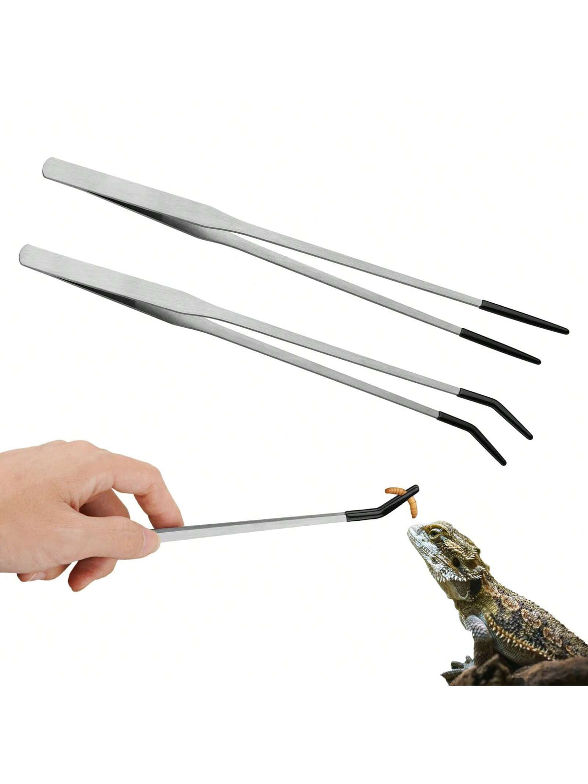 2PCS Stainless Steel Reptile Feeding Tongs With Rubber Tip,Straight & Curved Long Tweezers For Aquarium Or Craft, Bearded Dragon Tank Snakes Enclosure Accessories, Terrarium Supplies