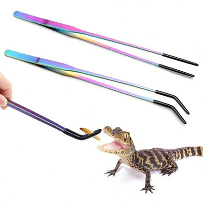 2PCS Stainless Steel Reptile Feeding Tongs With Rubber Tip,Straight & Curved Long Tweezers For Aquarium Or Craft, Bearded Dragon Tank Snakes Enclosure Accessories, Terrarium Supplies