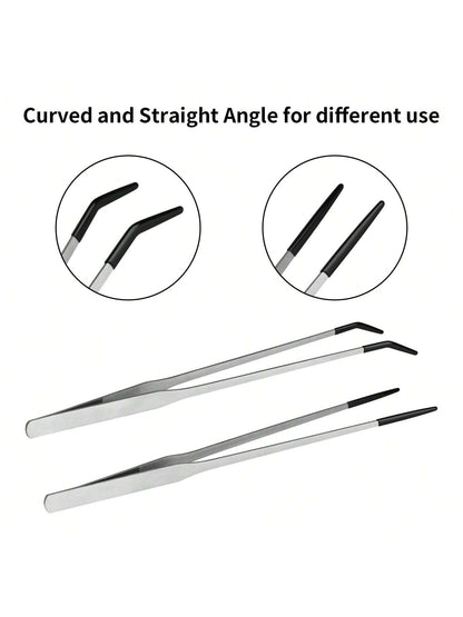 2PCS Stainless Steel Reptile Feeding Tongs With Rubber Tip,Straight & Curved Long Tweezers For Aquarium Or Craft, Bearded Dragon Tank Snakes Enclosure Accessories, Terrarium Supplies