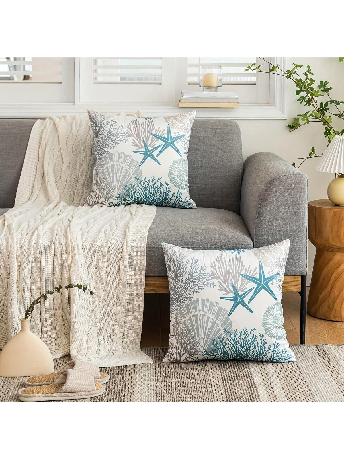 2pcs Super Soft Nautical Coastal Throw Pillow Covers, Ocean Theme Beach Shell Coral Starfish Sofa Cushion Cases, Outdoor Sofa Seat Cushion Covers, Modern Decor For Bedroom, Living Room, 18 X 18 Inches