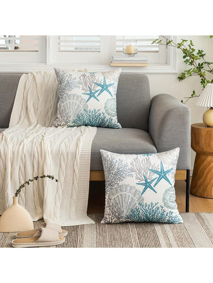 2pcs Super Soft Nautical Coastal Throw Pillow Covers, Ocean Theme Beach Shell Coral Starfish Sofa Cushion Cases, Outdoor Sofa Seat Cushion Covers, Modern Decor For Bedroom, Living Room, 18 X 18 Inches