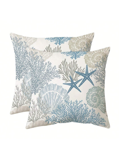 2pcs Super Soft Nautical Coastal Throw Pillow Covers, Ocean Theme Beach Shell Coral Starfish Sofa Cushion Cases, Outdoor Sofa Seat Cushion Covers, Modern Decor For Bedroom, Living Room, 18 X 18 Inches