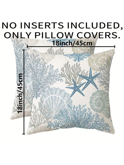 2pcs Super Soft Nautical Coastal Throw Pillow Covers, Ocean Theme Beach Shell Coral Starfish Sofa Cushion Cases, Outdoor Sofa Seat Cushion Covers, Modern Decor For Bedroom, Living Room, 18 X 18 Inches