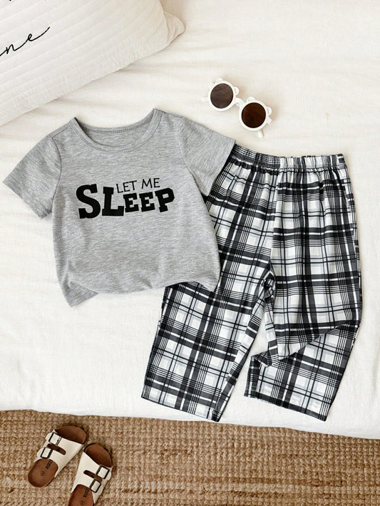 2pcs Unisex Baby/Toddler Boy/Girl Black And White Checkered Summer Casual Night Homewear Set,Short Sleeve T-Shirt And Long Pants Pajamas,Snug Fit