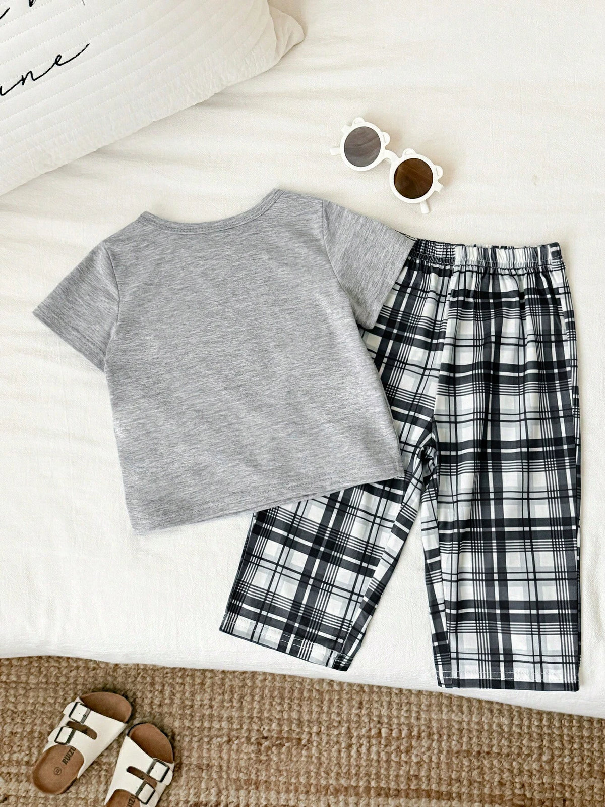 2pcs Unisex Baby/Toddler Boy/Girl Black And White Checkered Summer Casual Night Homewear Set,Short Sleeve T-Shirt And Long Pants Pajamas,Snug Fit