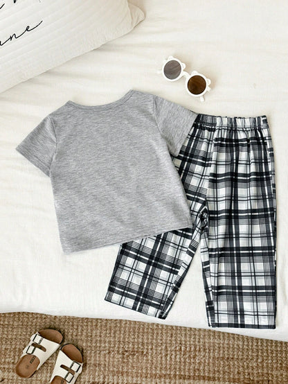2pcs Unisex Baby/Toddler Boy/Girl Black And White Checkered Summer Casual Night Homewear Set,Short Sleeve T-Shirt And Long Pants Pajamas,Snug Fit