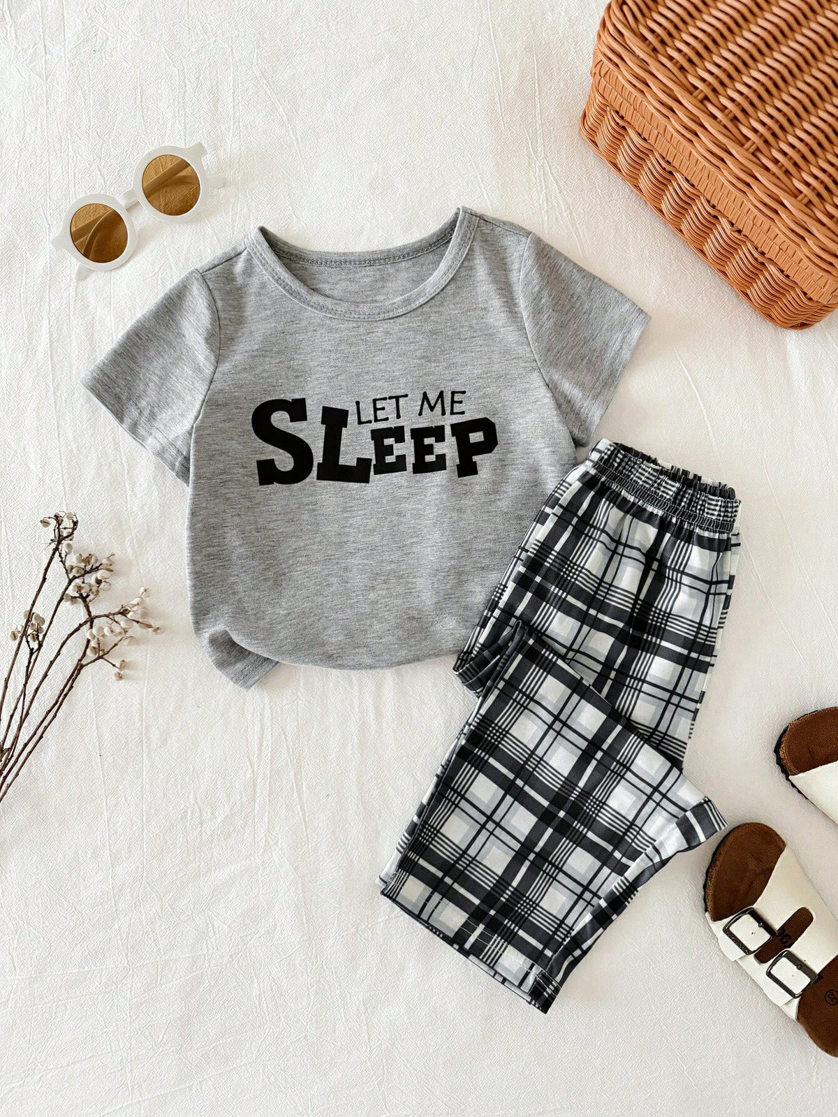 2pcs Unisex Baby/Toddler Boy/Girl Black And White Checkered Summer Casual Night Homewear Set,Short Sleeve T-Shirt And Long Pants Pajamas,Snug Fit