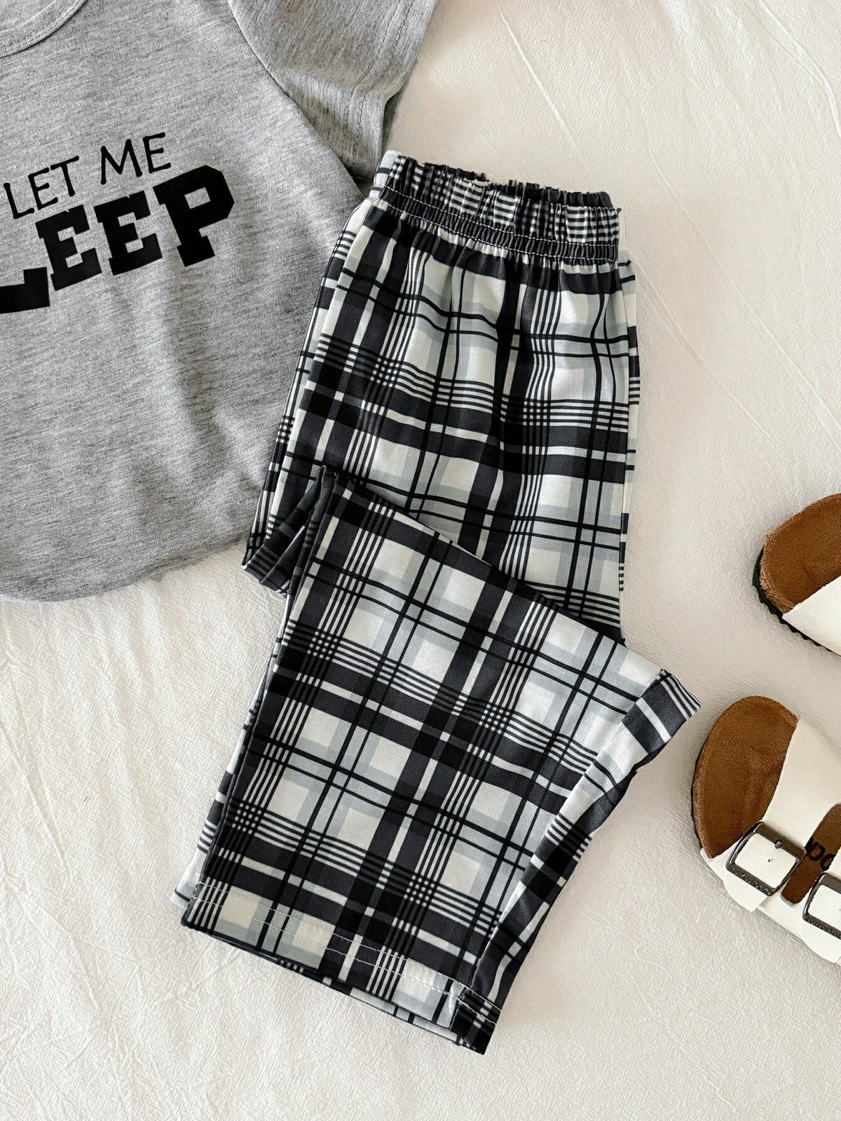 2pcs Unisex Baby/Toddler Boy/Girl Black And White Checkered Summer Casual Night Homewear Set,Short Sleeve T-Shirt And Long Pants Pajamas,Snug Fit