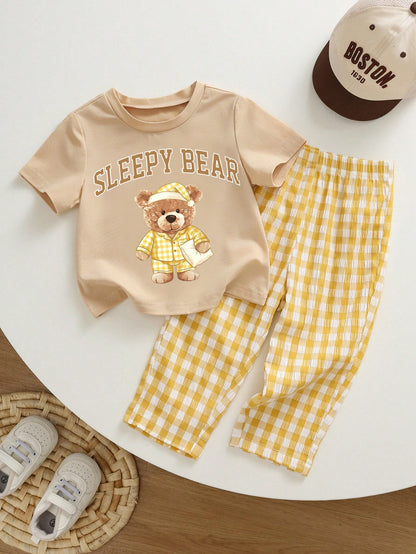 2pcs Unisex Baby/Toddler Boy/Girl Black And White Checkered Summer Casual Night Homewear Set,Short Sleeve T-Shirt And Long Pants Pajamas,Snug Fit