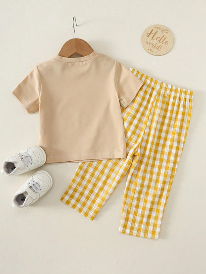 2pcs Unisex Baby/Toddler Boy/Girl Black And White Checkered Summer Casual Night Homewear Set,Short Sleeve T-Shirt And Long Pants Pajamas,Snug Fit