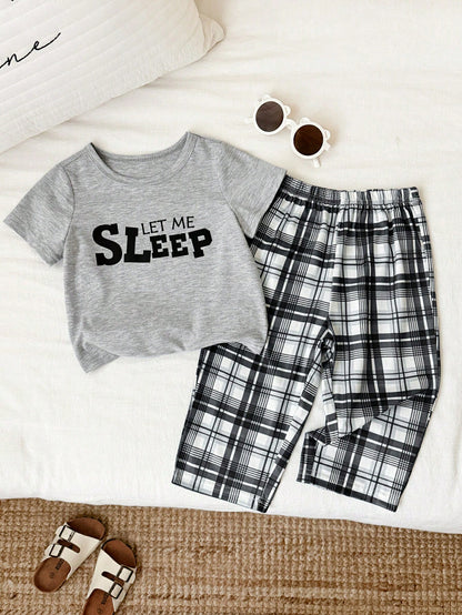 2pcs Unisex Baby/Toddler Boy/Girl Black And White Checkered Summer Casual Night Homewear Set,Short Sleeve T-Shirt And Long Pants Pajamas,Snug Fit