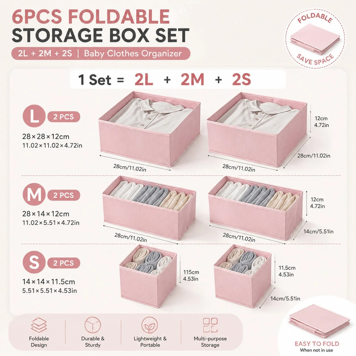 3/6/9pcs Foldable Fabric Storage Boxes, Baby Clothes Organizer Divider Bins, Wardrobe Drawer Dividers, Suitable For Baby Room/Socks/Daily Storage