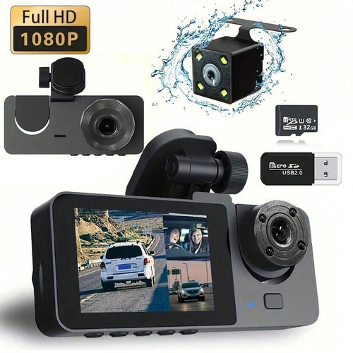 3-Channel 1080P Front And Rear Built-In Dash Cam, 3-Way Car Camera With 32GB Memory Card, Infrared Night Vision, 24/7 Parking Monitoring, G-Sensor, Loop Recording, Suitable For Cars And Trucks, 150mAh