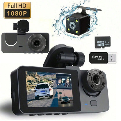 3-Channel 1080P Front And Rear Built-In Dash Cam, 3-Way Car Camera With 32GB Memory Card, Infrared Night Vision, 24/7 Parking Monitoring, G-Sensor, Loop Recording, Suitable For Cars And Trucks, 150mAh