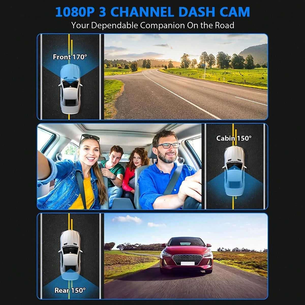3-Channel 1080P Front And Rear Built-In Dash Cam, 3-Way Car Camera With 32GB Memory Card, Infrared Night Vision, 24/7 Parking Monitoring, G-Sensor, Loop Recording, Suitable For Cars And Trucks, 150mAh