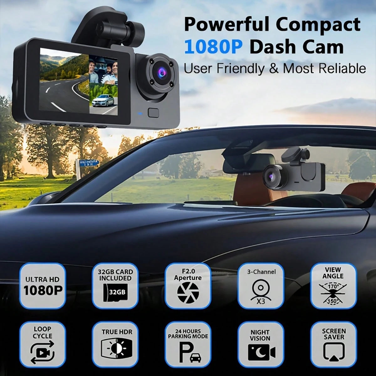 3-Channel 1080P Front And Rear Built-In Dash Cam, 3-Way Car Camera With 32GB Memory Card, Infrared Night Vision, 24/7 Parking Monitoring, G-Sensor, Loop Recording, Suitable For Cars And Trucks, 150mAh