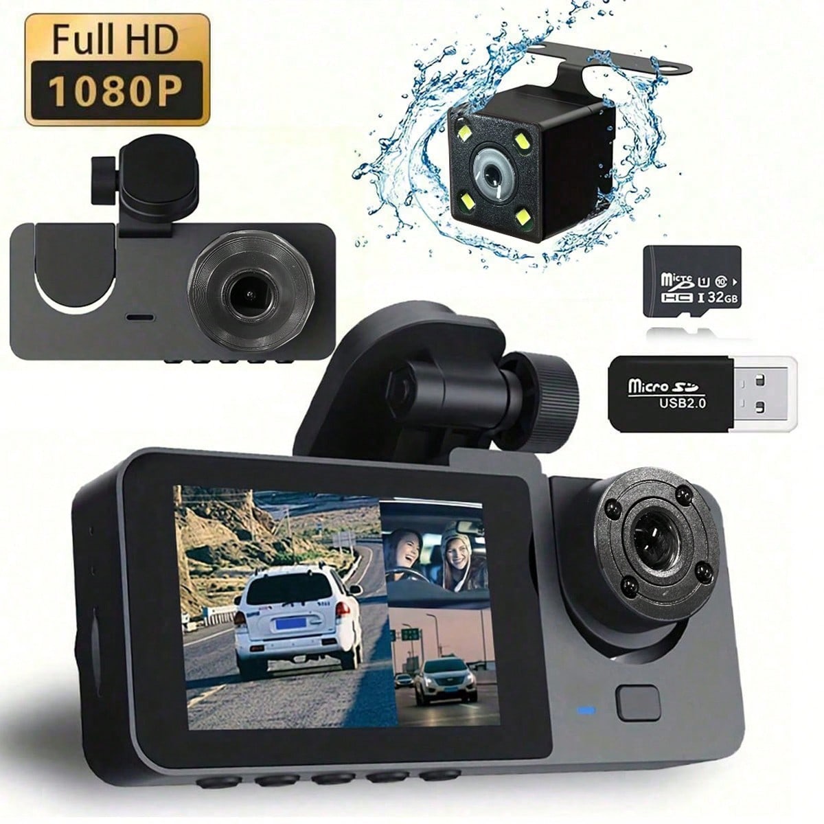 3-Channel 1080P Front And Rear Built-In Dash Cam, 3-Way Car Camera With 32GB Memory Card, Infrared Night Vision, 24/7 Parking Monitoring, G-Sensor, Loop Recording, Suitable For Cars And Trucks, 150mAh