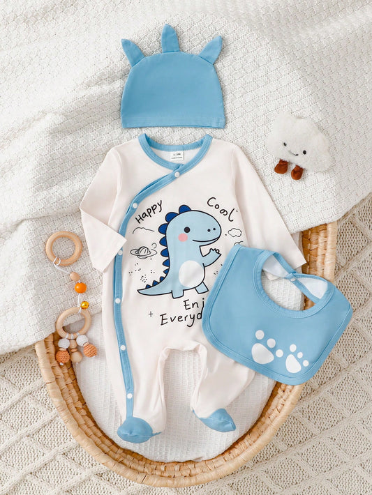 3 Pieces Newborn Knitted Comfortable Soft Long Sleeve Footed Jumpsuit & Hat & Bib, Cute Dinosaur Pattern, Best Gift For Newborns, Autumn Best Choice