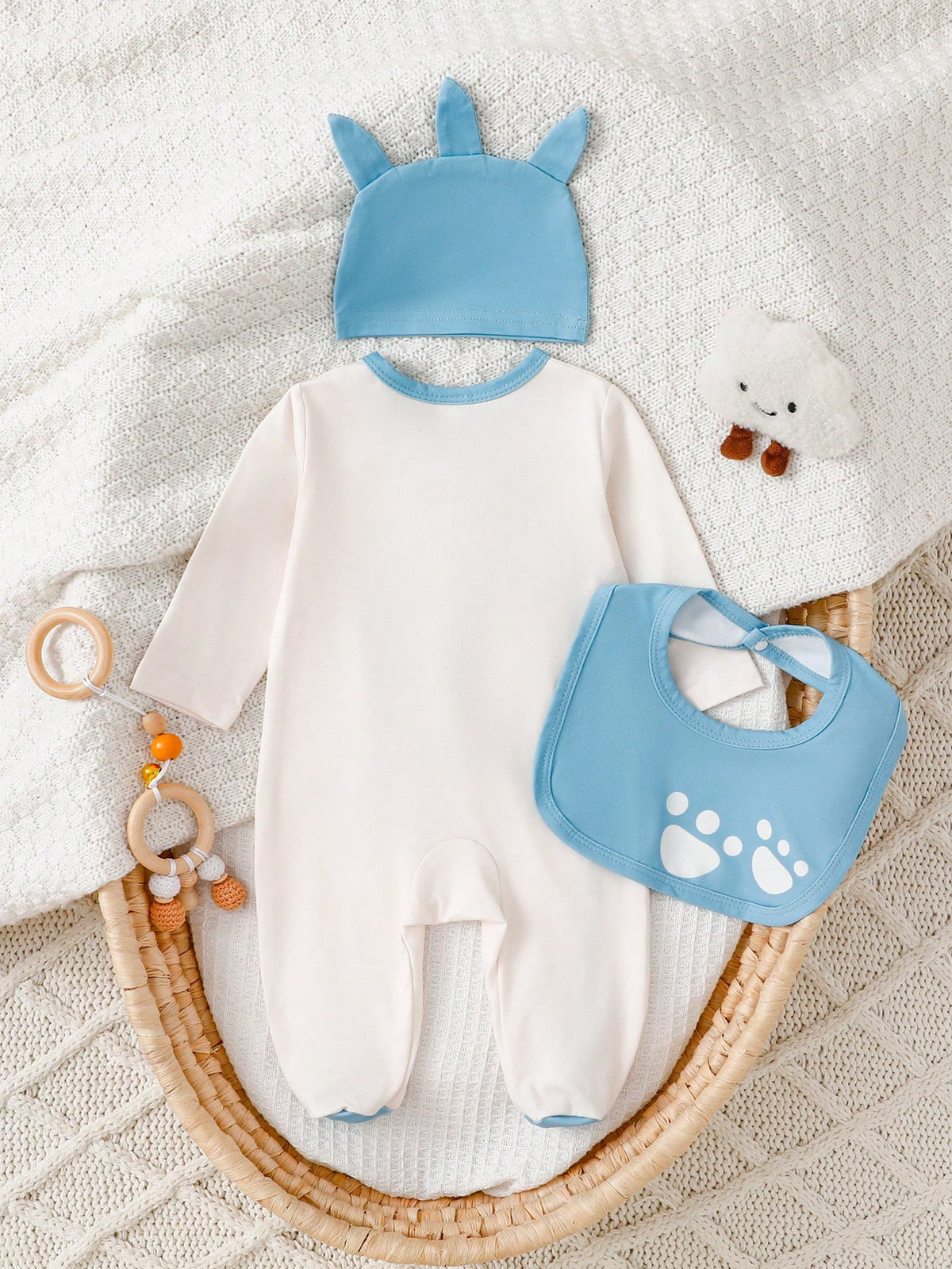3 Pieces Newborn Knitted Comfortable Soft Long Sleeve Footed Jumpsuit & Hat & Bib, Cute Dinosaur Pattern, Best Gift For Newborns, Autumn Best Choice