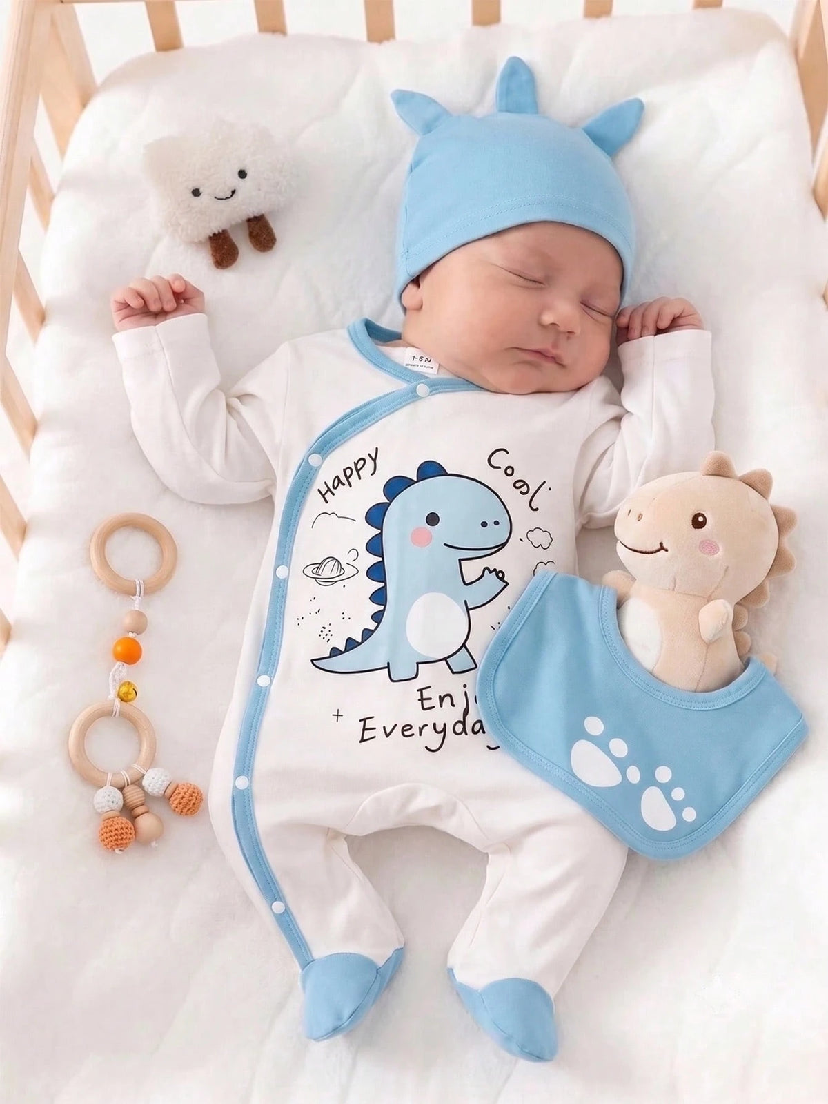 3 Pieces Newborn Knitted Comfortable Soft Long Sleeve Footed Jumpsuit & Hat & Bib, Cute Dinosaur Pattern, Best Gift For Newborns, Autumn Best Choice