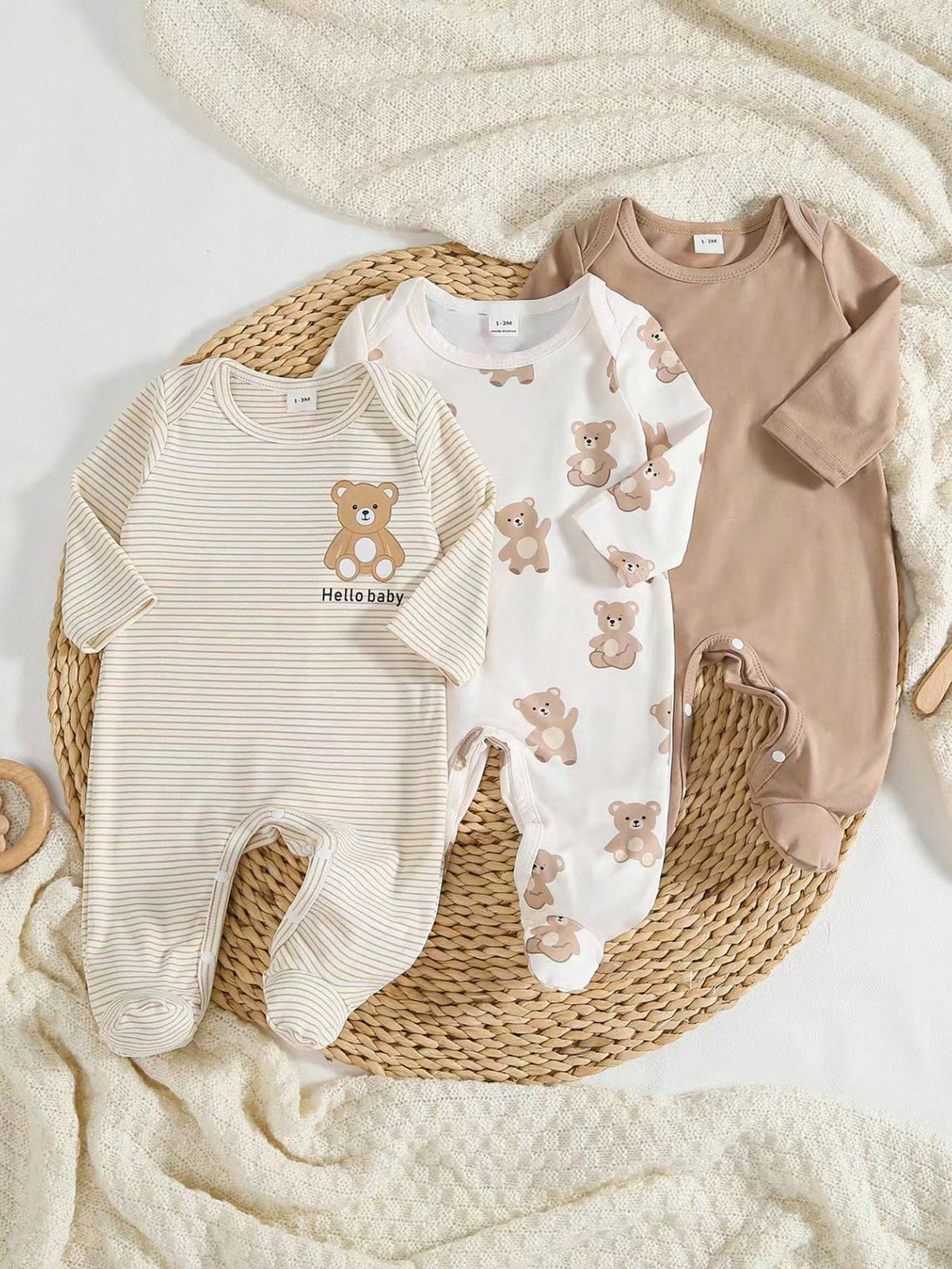 3 Pieces Newborn Knitted Comfortable Soft Long Sleeve Footed Jumpsuit & Hat & Bib, Cute Dinosaur Pattern, Best Gift For Newborns, Autumn Best Choice