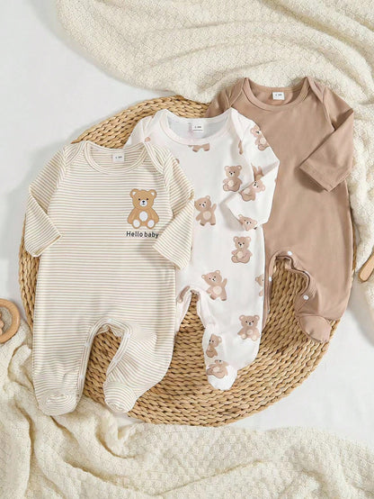 3 Pieces Newborn Knitted Comfortable Soft Long Sleeve Footed Jumpsuit & Hat & Bib, Cute Dinosaur Pattern, Best Gift For Newborns, Autumn Best Choice