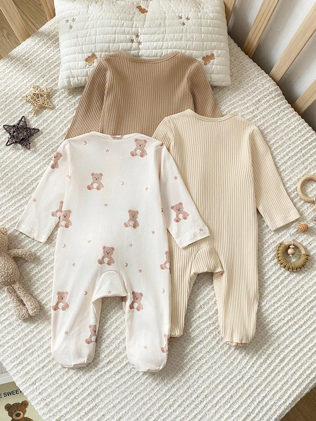 3 Pieces Newborn Long Sleeve Footed Jumpsuit Knit Comfortable Soft Cute Bear Pattern Loungewear, Best Gift For Newborn, Home Wear, Versatile Fashion, Best Choice