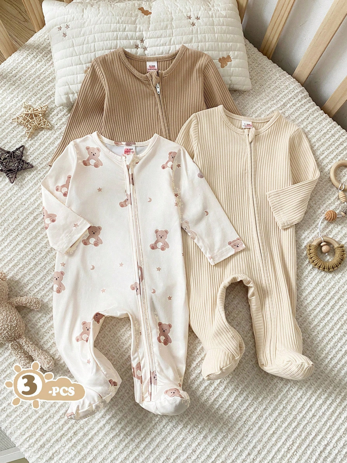 3 Pieces Newborn Long Sleeve Footed Jumpsuit Knit Comfortable Soft Cute Bear Pattern Loungewear, Best Gift For Newborn, Home Wear, Versatile Fashion, Best Choice