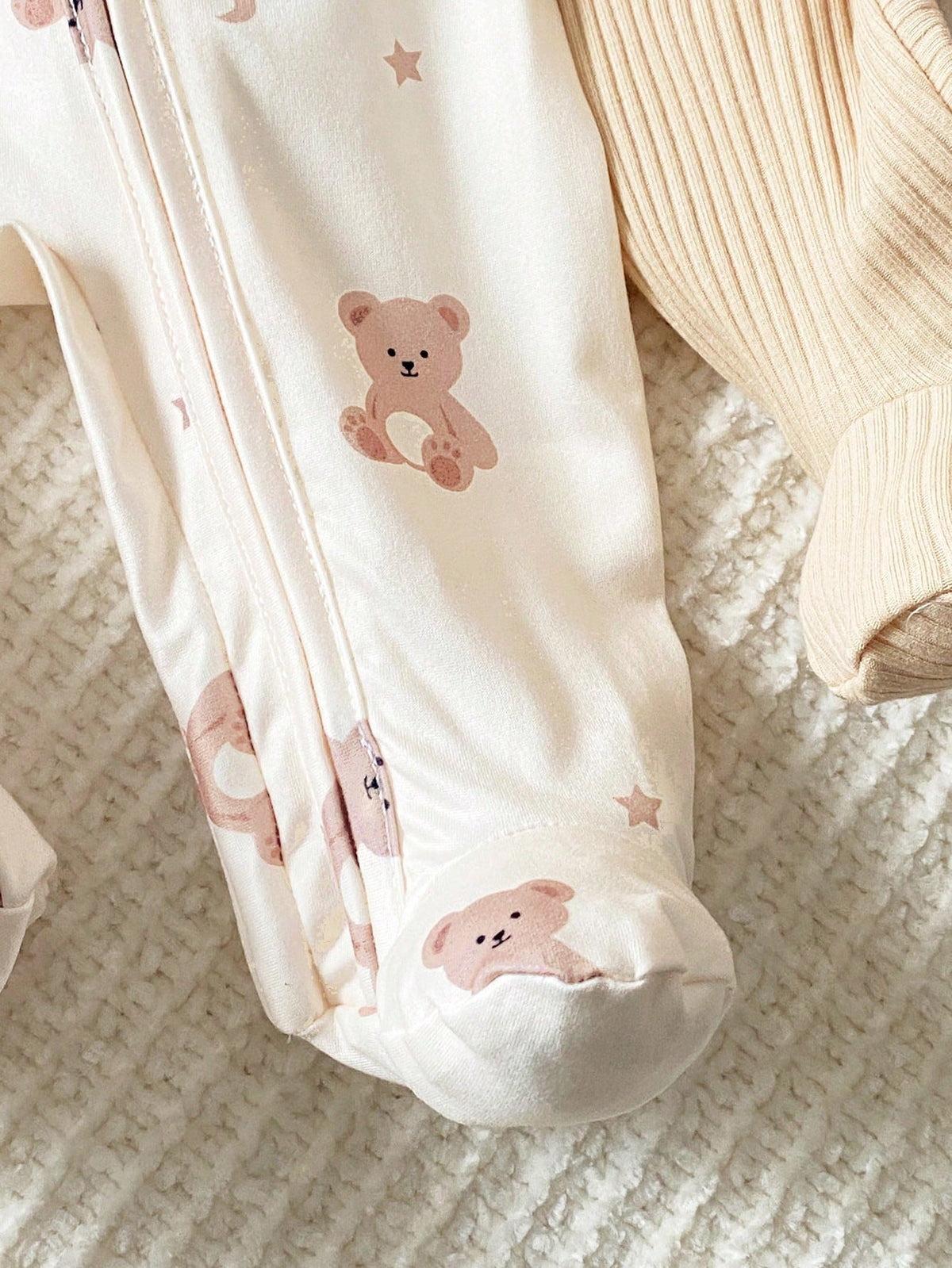 3 Pieces Newborn Long Sleeve Footed Jumpsuit Knit Comfortable Soft Cute Bear Pattern Loungewear, Best Gift For Newborn, Home Wear, Versatile Fashion, Best Choice