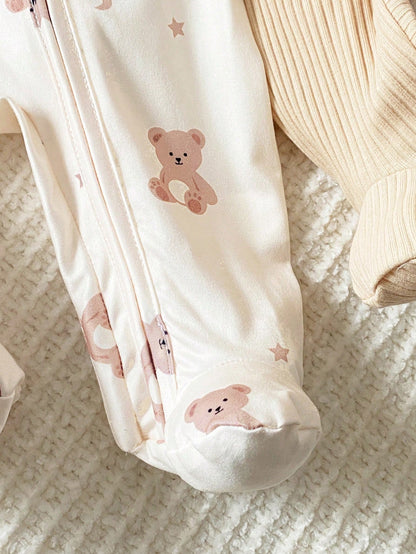 3 Pieces Newborn Long Sleeve Footed Jumpsuit Knit Comfortable Soft Cute Bear Pattern Loungewear, Best Gift For Newborn, Home Wear, Versatile Fashion, Best Choice