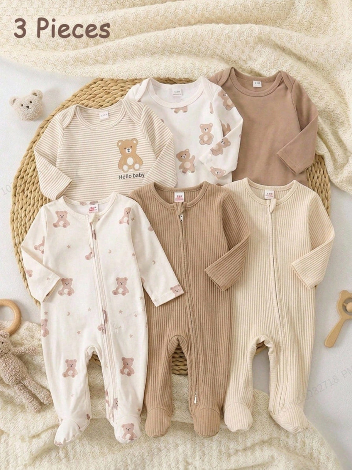 3 Pieces Newborn Long Sleeve Footed Jumpsuit Knit Comfortable Soft Cute Bear Pattern Loungewear, Best Gift For Newborn, Home Wear, Versatile Fashion, Best Choice