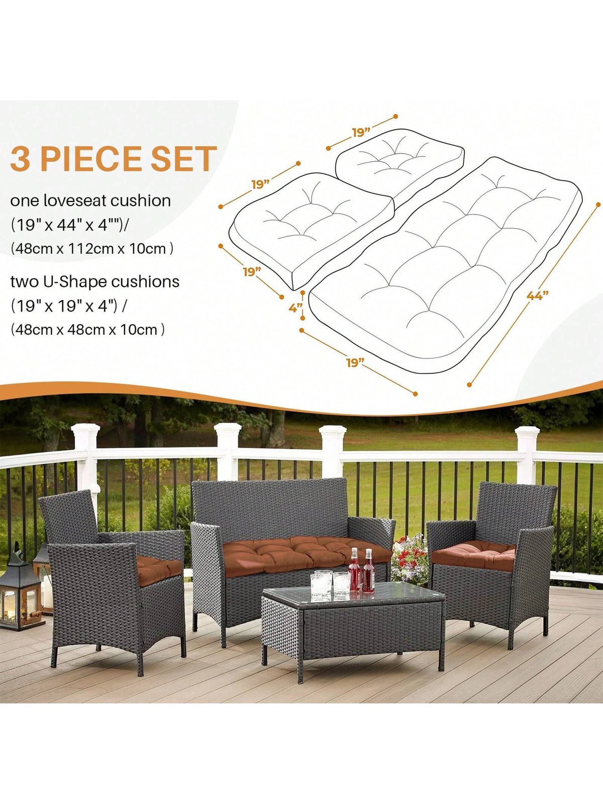 3 Pieces Wicker Chair Cushions Of Waterproof Tufted Outdoor Seat Cushions Set For Patio Furniture Sofa Settee Couch,1 Loveseat And 2 U-Shaped Cushions For Patio Furniture Chair Pads Yard
