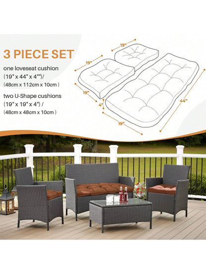 3 Pieces Wicker Chair Cushions Of Waterproof Tufted Outdoor Seat Cushions Set For Patio Furniture Sofa Settee Couch,1 Loveseat And 2 U-Shaped Cushions For Patio Furniture Chair Pads Yard