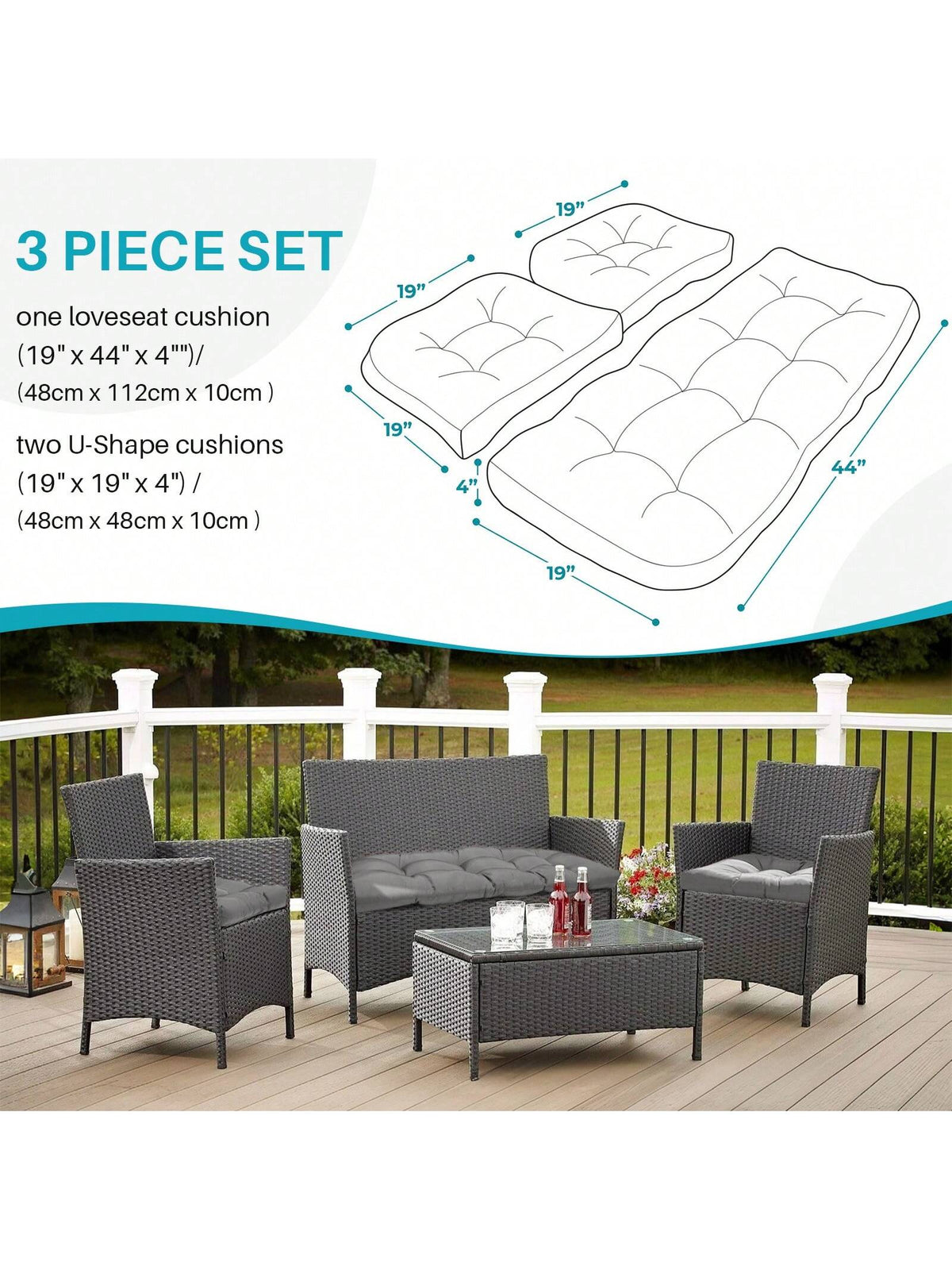 3 Pieces Wicker Chair Cushions Of Waterproof Tufted Outdoor Seat Cushions Set For Patio Furniture Sofa Settee Couch,1 Loveseat And 2 U-Shaped Cushions For Patio Furniture Chair Pads Yard