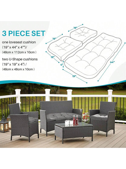 3 Pieces Wicker Chair Cushions Of Waterproof Tufted Outdoor Seat Cushions Set For Patio Furniture Sofa Settee Couch,1 Loveseat And 2 U-Shaped Cushions For Patio Furniture Chair Pads Yard