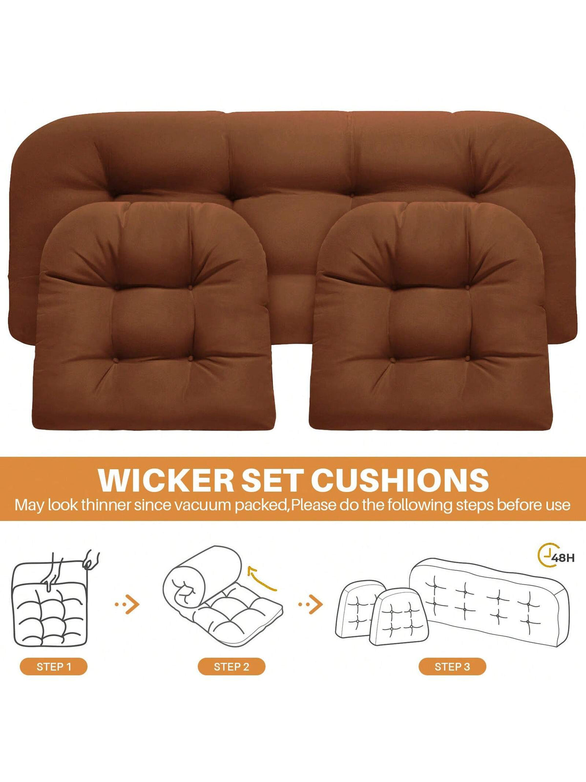 3 Pieces Wicker Chair Cushions Of Waterproof Tufted Outdoor Seat Cushions Set For Patio Furniture Sofa Settee Couch,1 Loveseat And 2 U-Shaped Cushions For Patio Furniture Chair Pads Yard