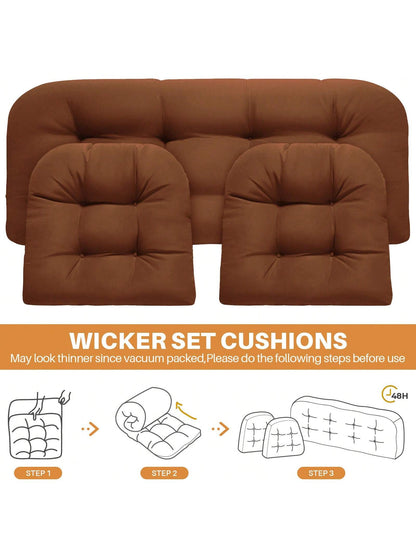 3 Pieces Wicker Chair Cushions Of Waterproof Tufted Outdoor Seat Cushions Set For Patio Furniture Sofa Settee Couch,1 Loveseat And 2 U-Shaped Cushions For Patio Furniture Chair Pads Yard