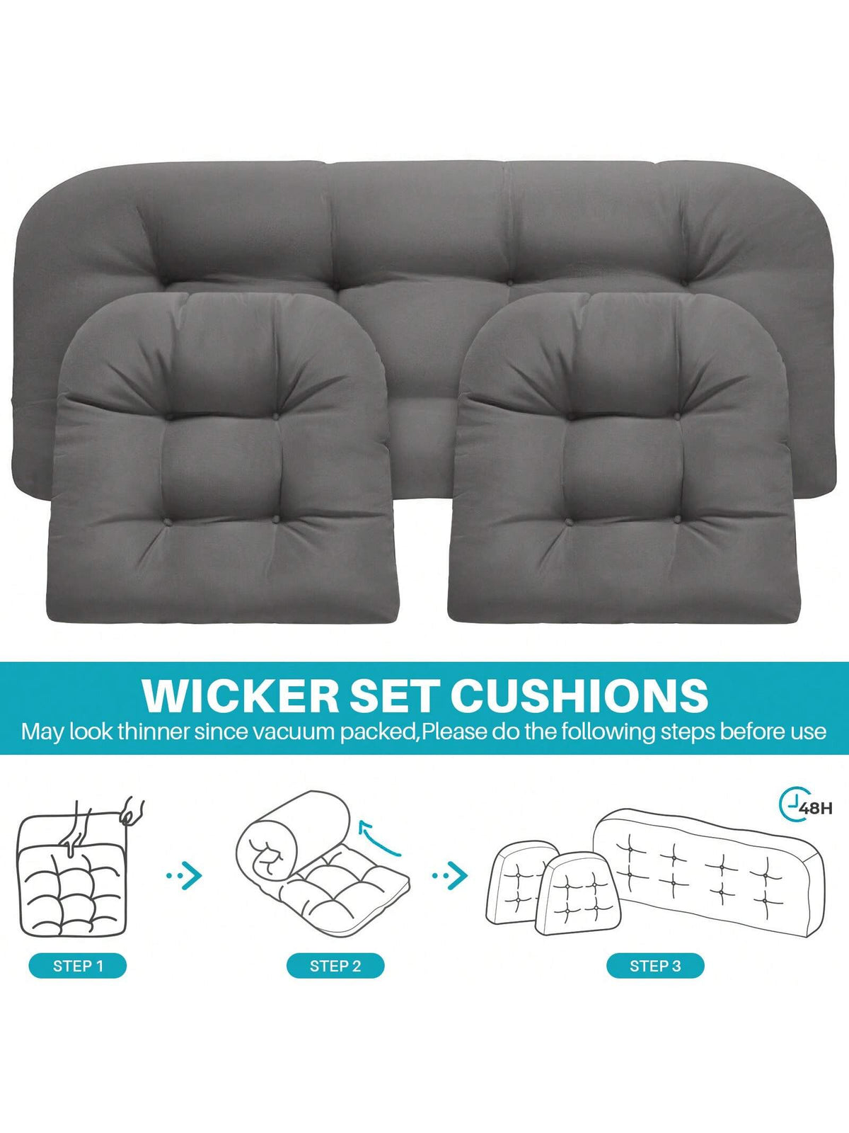 3 Pieces Wicker Chair Cushions Of Waterproof Tufted Outdoor Seat Cushions Set For Patio Furniture Sofa Settee Couch,1 Loveseat And 2 U-Shaped Cushions For Patio Furniture Chair Pads Yard