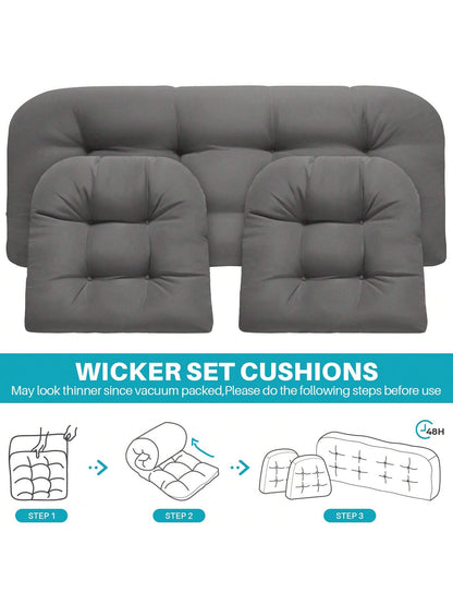 3 Pieces Wicker Chair Cushions Of Waterproof Tufted Outdoor Seat Cushions Set For Patio Furniture Sofa Settee Couch,1 Loveseat And 2 U-Shaped Cushions For Patio Furniture Chair Pads Yard