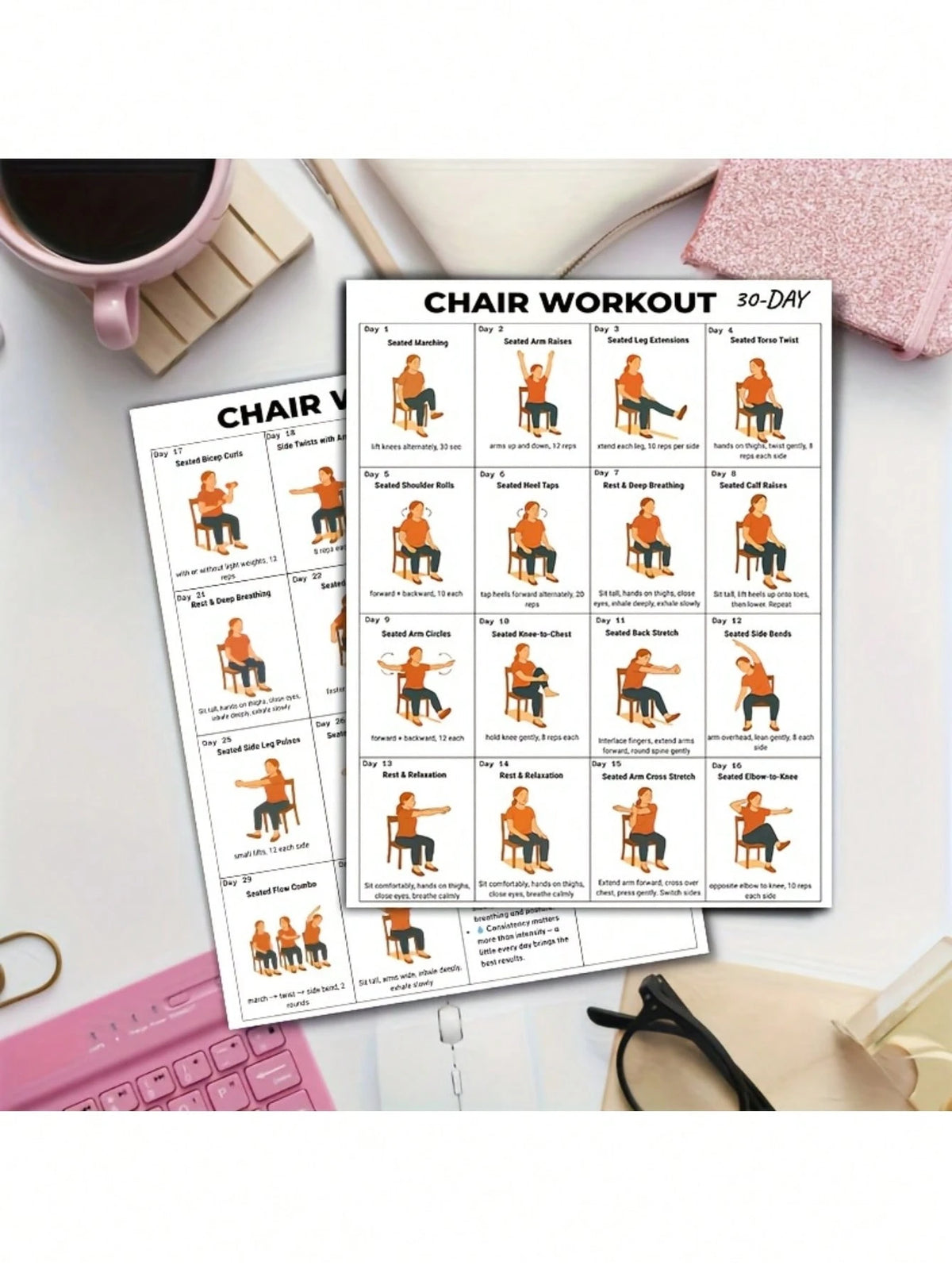 30-Day Chair Fitness Poster- Seated Exercise Chart For Seniors And Beginners, Low-Intensity Chair Yoga And Stretching Workout Plan, Home Gym Wall Decor And Elderly Fitness Guide, Back To School