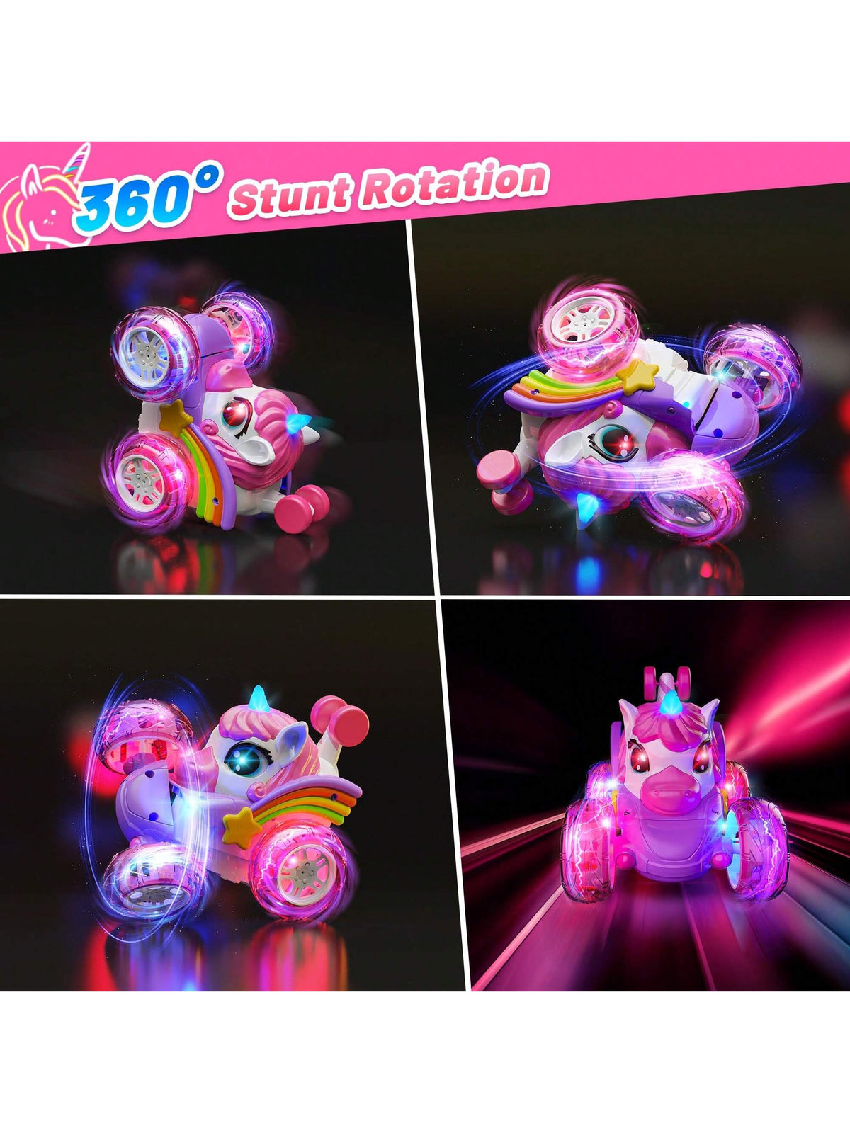 360° Unicorn Small Remote Control Stunt Car, 4WD Stunt Spin Remote Control Car, Double-Sided Remote Control Car With LED Lights, 2.4GHz Electric Toy Car, Christmas Birthday New Year Gifts, Back To Sch