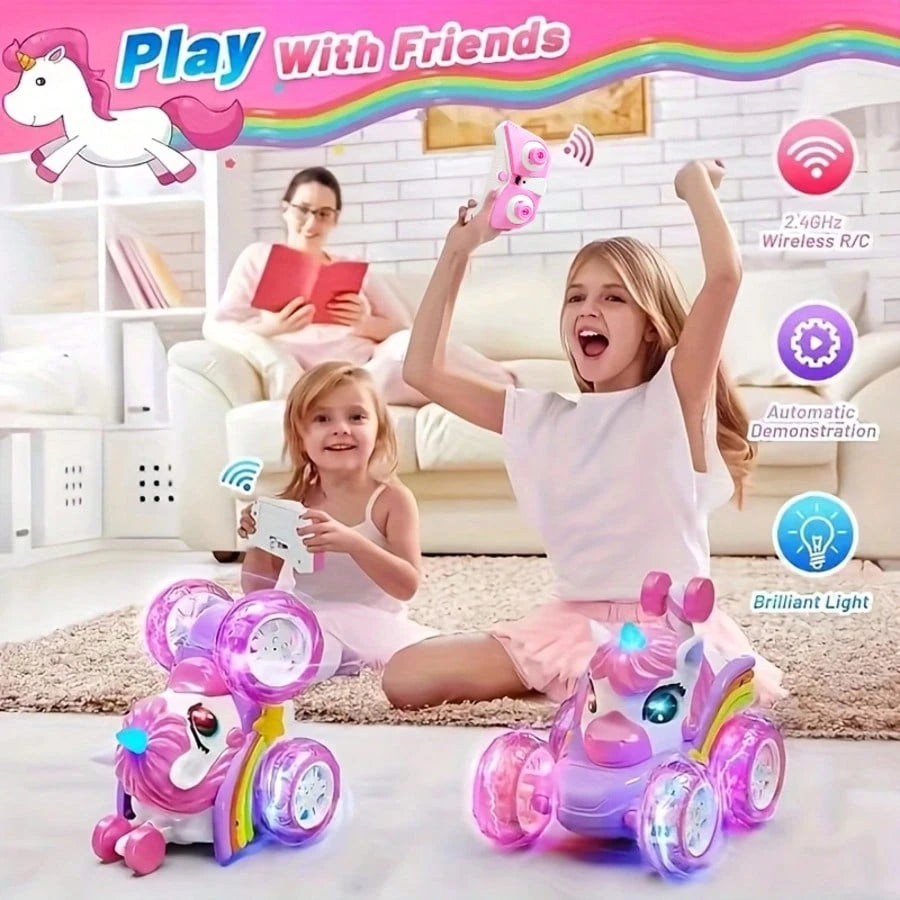 360° Unicorn Small Remote Control Stunt Car, 4WD Stunt Spin Remote Control Car, Double-Sided Remote Control Car With LED Lights, 2.4GHz Electric Toy Car, Christmas Birthday New Year Gifts, Back To Sch