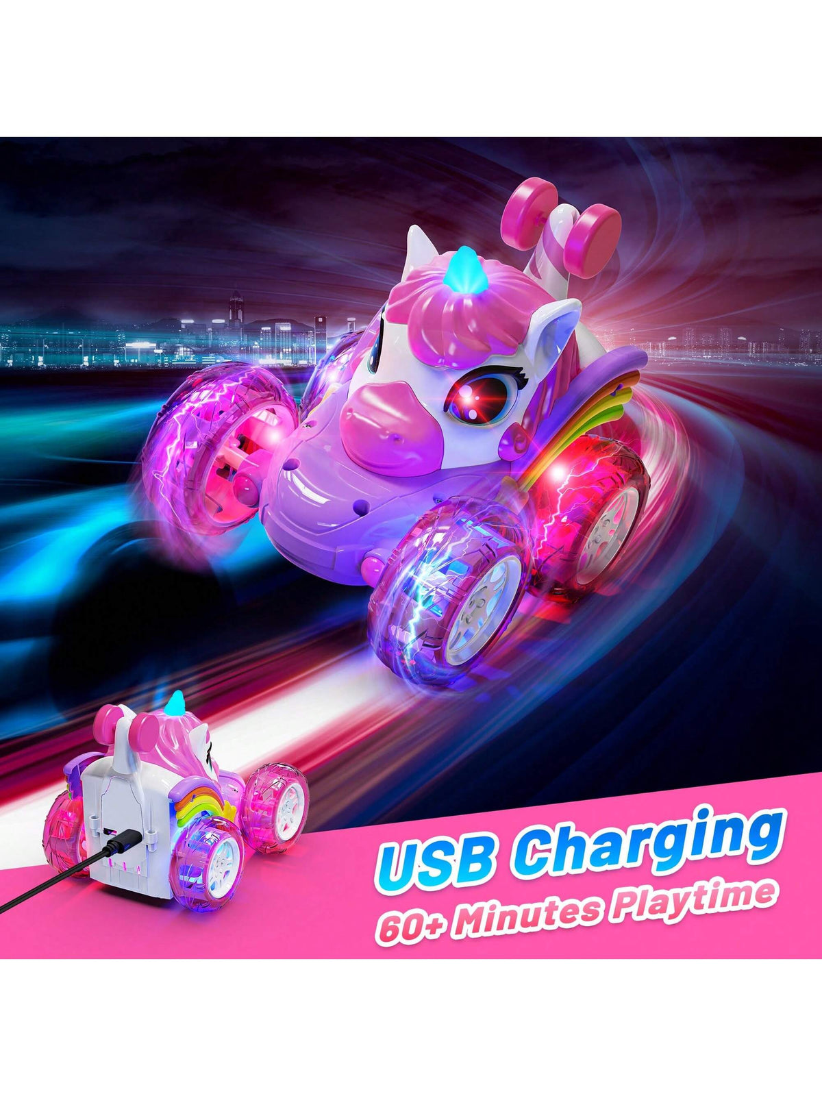 360° Unicorn Small Remote Control Stunt Car, 4WD Stunt Spin Remote Control Car, Double-Sided Remote Control Car With LED Lights, 2.4GHz Electric Toy Car, Christmas Birthday New Year Gifts, Back To Sch
