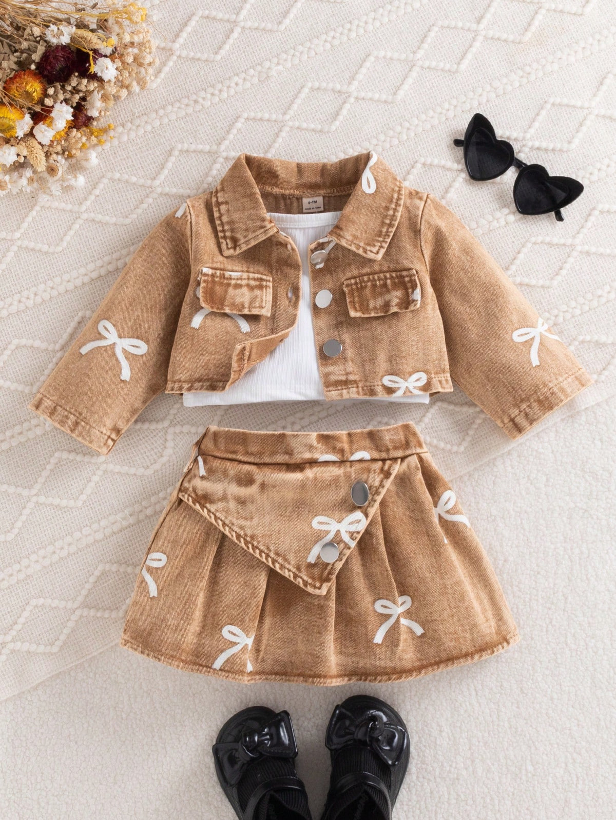 3pcs Baby Girl Autumn Cute Fashion Brown And White Polka Dot Denim Jacket With Printed Bow Matching Skirt And Camisole Top Set Matching Family Style