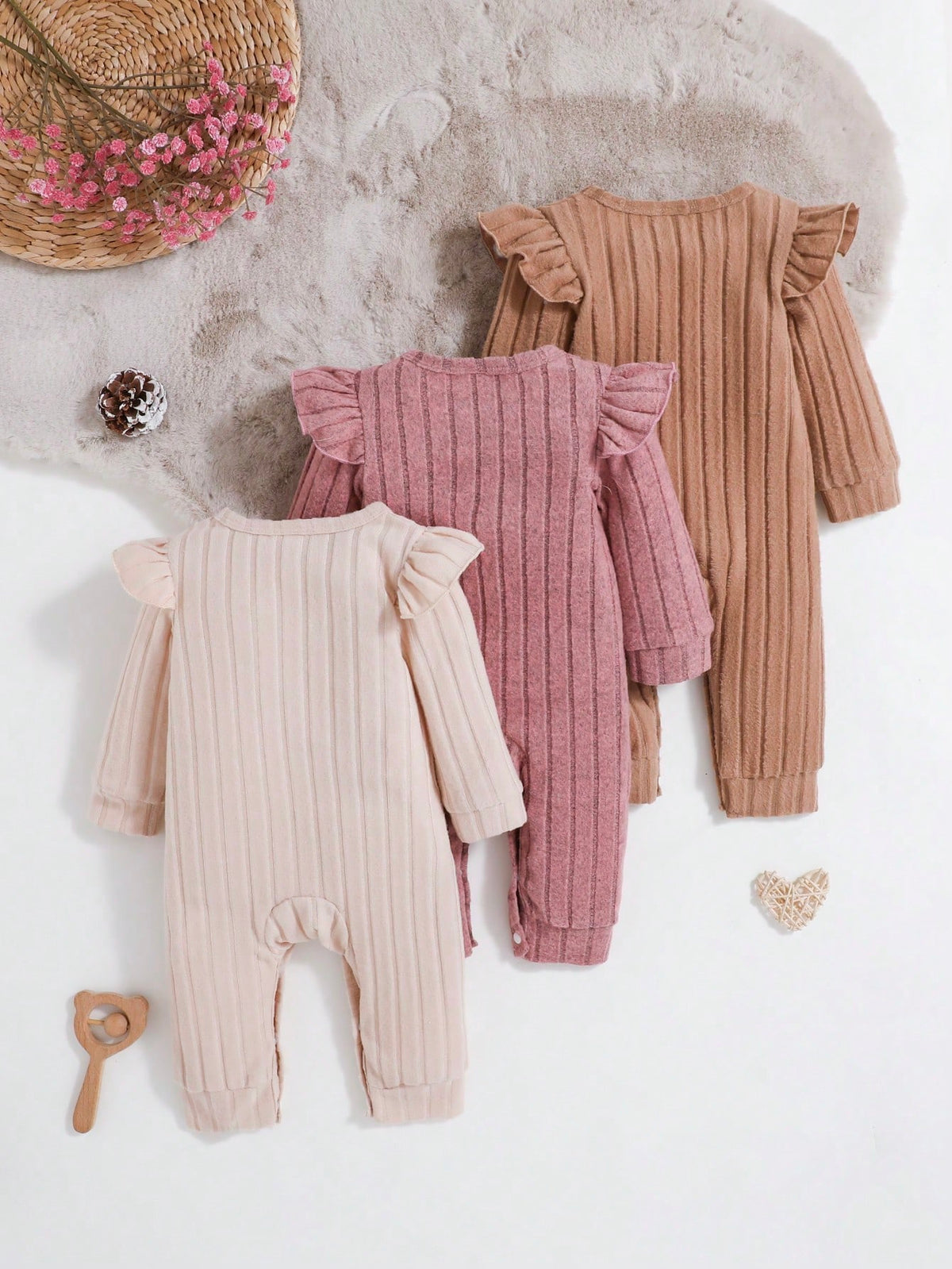 3pcs Baby Girl Purple Ribbed Long Sleeve Jumpsuit & Gray/Green Cap Sleeve Jumpsuit Set, Cute Autumn/Winter
