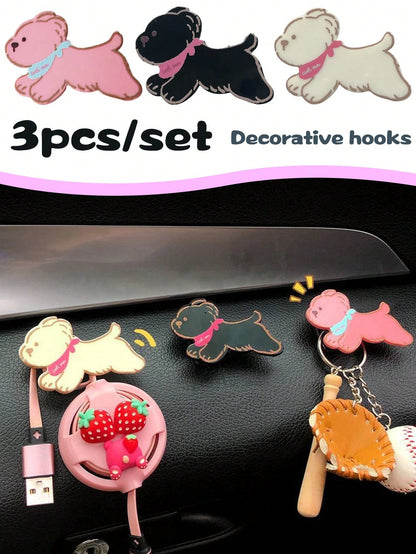 3pcs Cartoon Puppy Car Hooks, Creative Car Hooks, Front Interior Adhesive Hooks, Car Storage Accessories