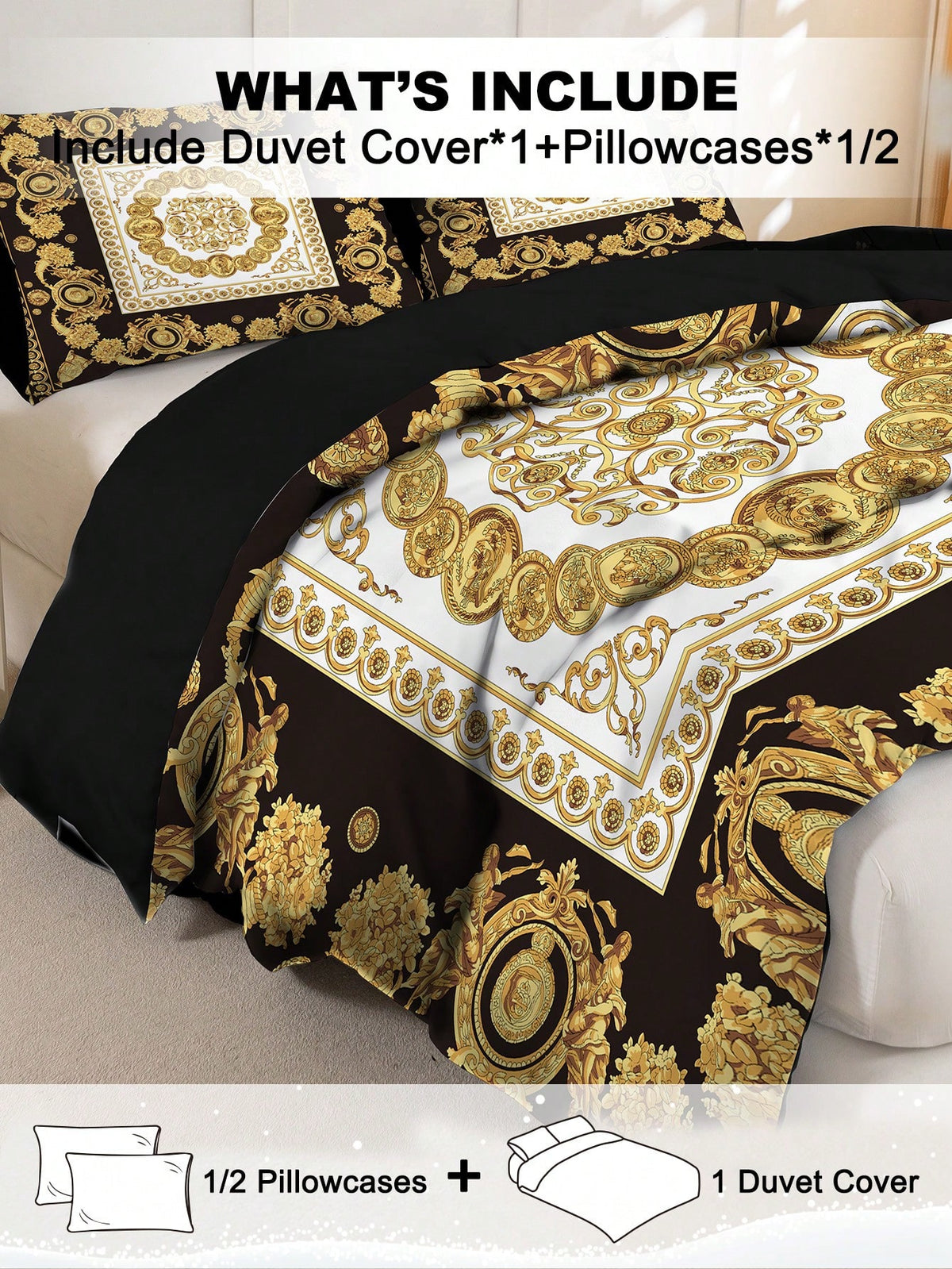 3pcs Fashionable And Luxurious Black Gold Digital Printed Down Duvet Cover Set,Soft And Breathable,All-Season Universal.Opulent Royal Vintage Aesthetic Room,Easy-Care Bedding Set Suitable For King/Que