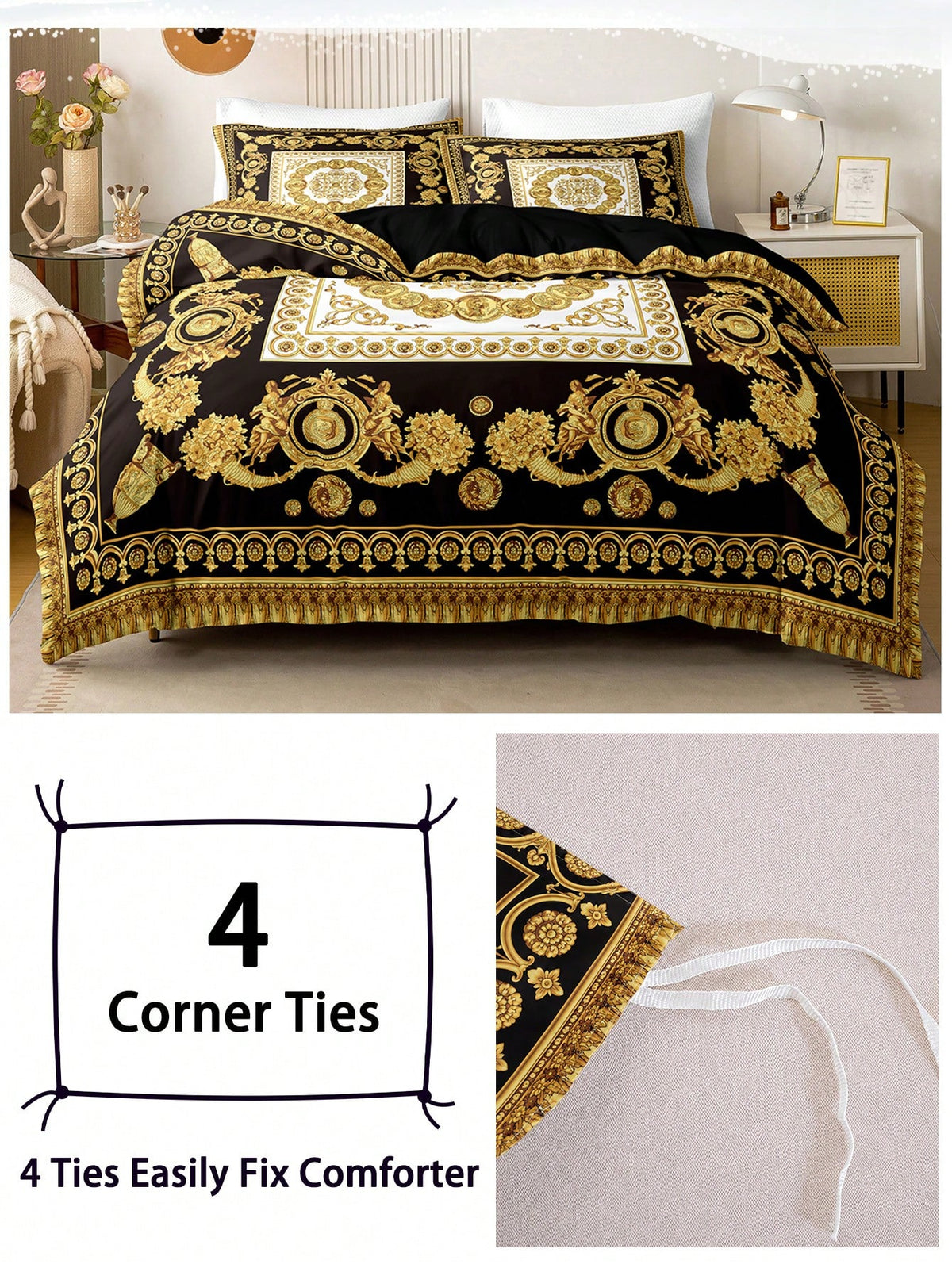 3pcs Fashionable And Luxurious Black Gold Digital Printed Down Duvet Cover Set,Soft And Breathable,All-Season Universal.Opulent Royal Vintage Aesthetic Room,Easy-Care Bedding Set Suitable For King/Que