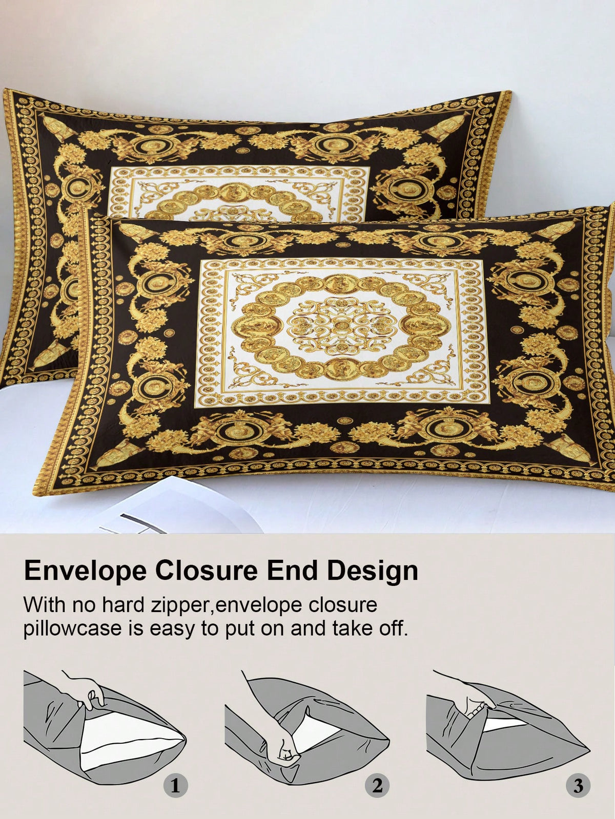3pcs Fashionable And Luxurious Black Gold Digital Printed Down Duvet Cover Set,Soft And Breathable,All-Season Universal.Opulent Royal Vintage Aesthetic Room,Easy-Care Bedding Set Suitable For King/Que